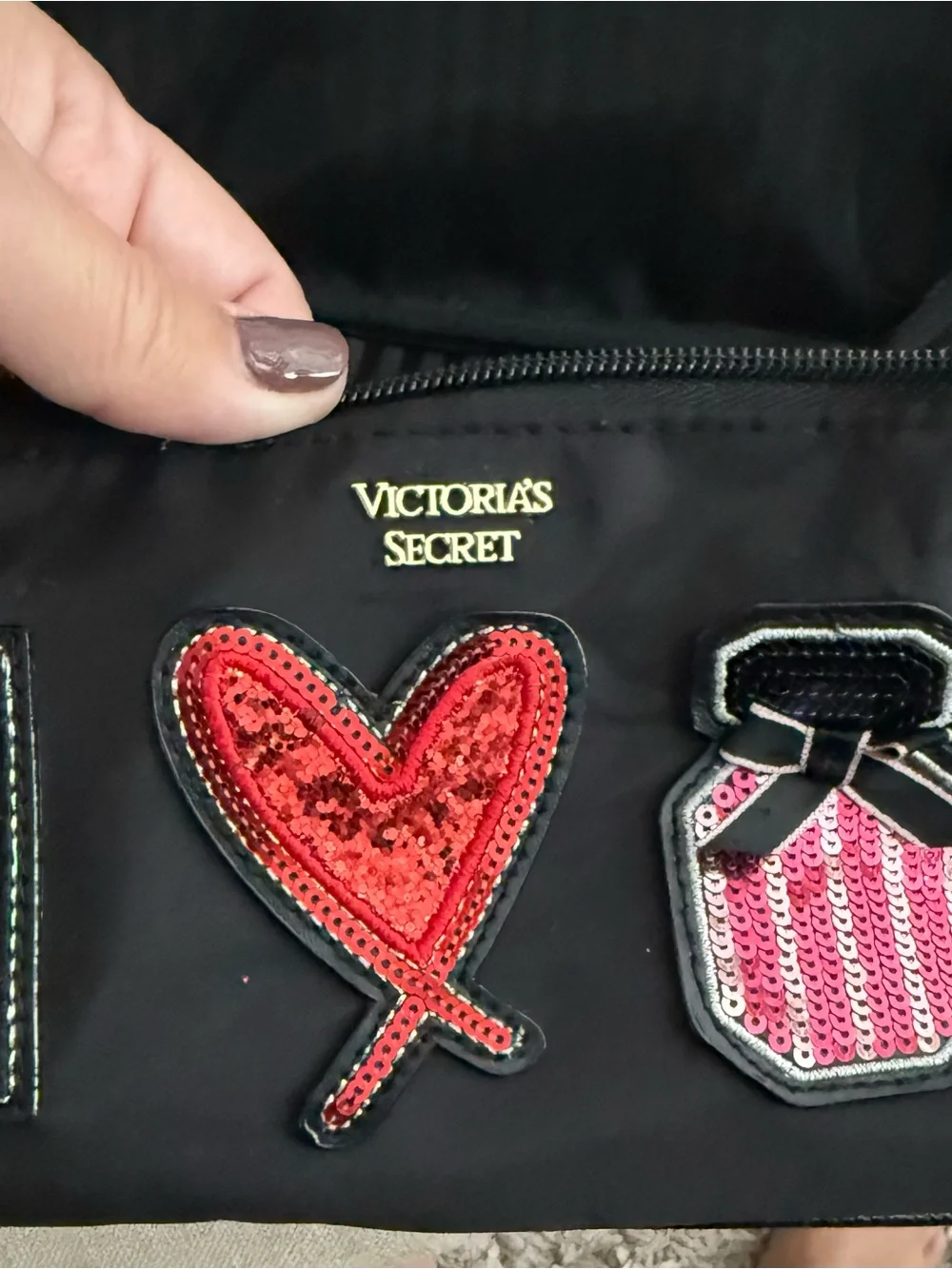 Victoria’s Secret Black Sequin Patch Cosmetic Case - Black with Red Accents